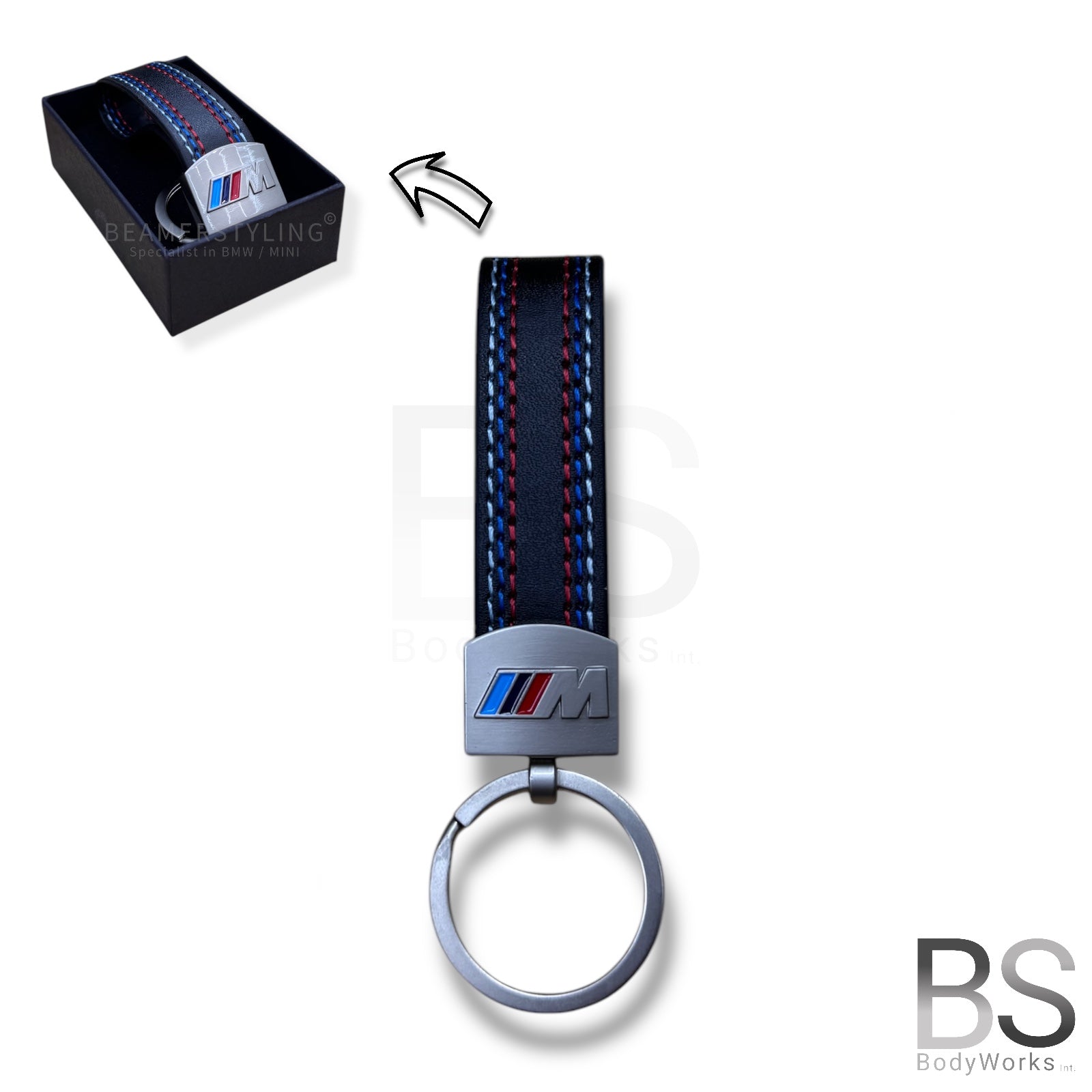 Lederen Sleutelhanger - BMW M Design - Blauw / Rode Stiksels