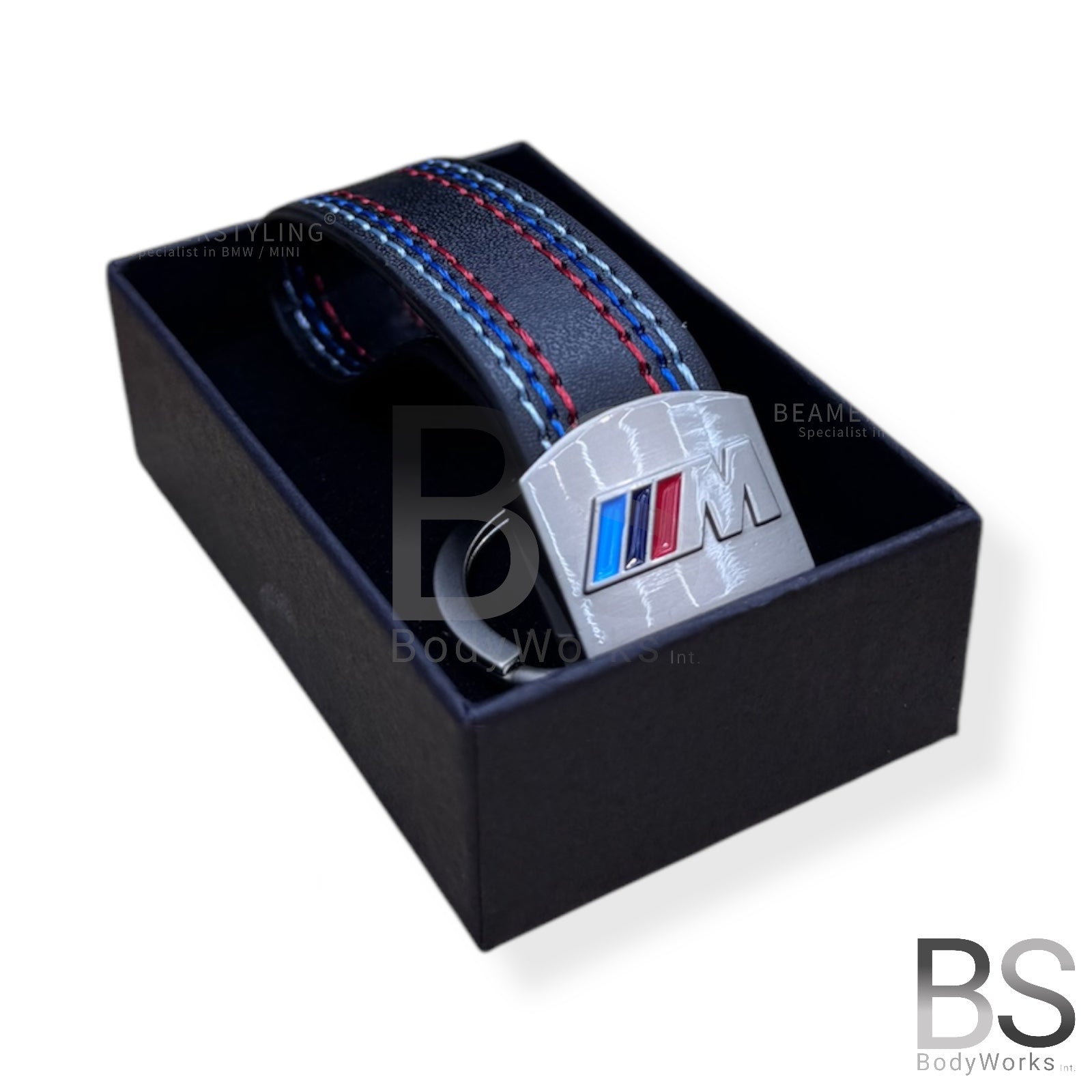 Lederen Sleutelhanger - BMW M Design - Blauw / Rode Stiksels