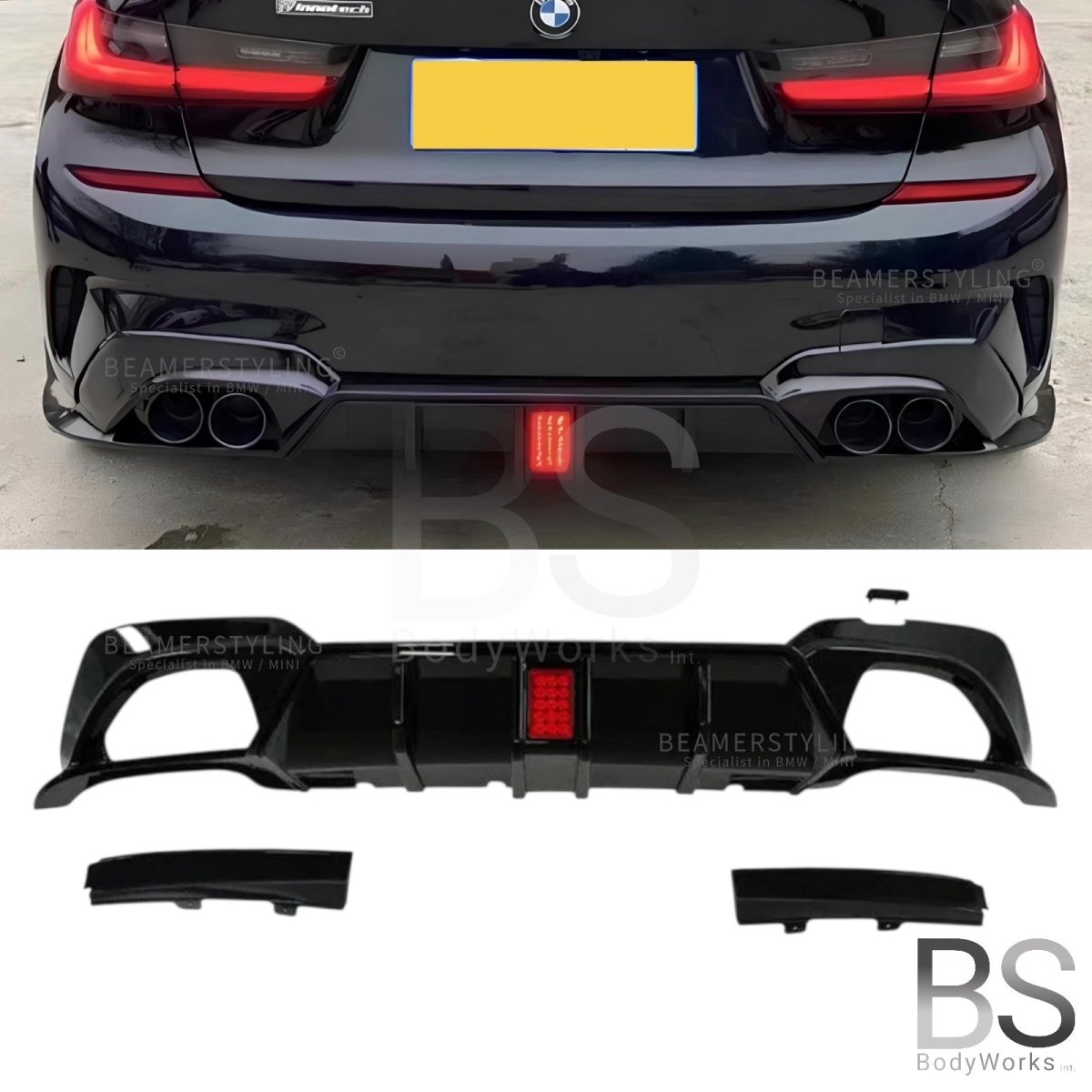 Diffuser - BMW G20 / G21 - Competition look - Met remlicht - Hoogglans zwart | 19 - 22 - Beamerstyling.nl