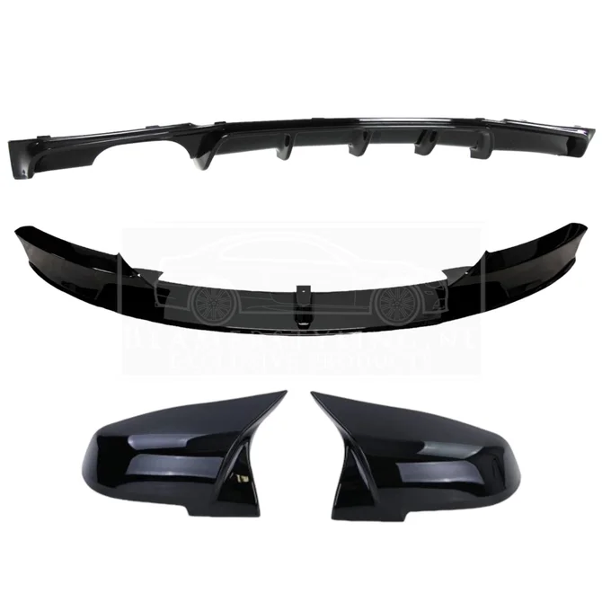 Pakket Deal V1 - BMW F30 / F31 | Diffuser - Front Lip - Spiegelkappen | Glanzend Zwart — 2 Uitlaten Links
