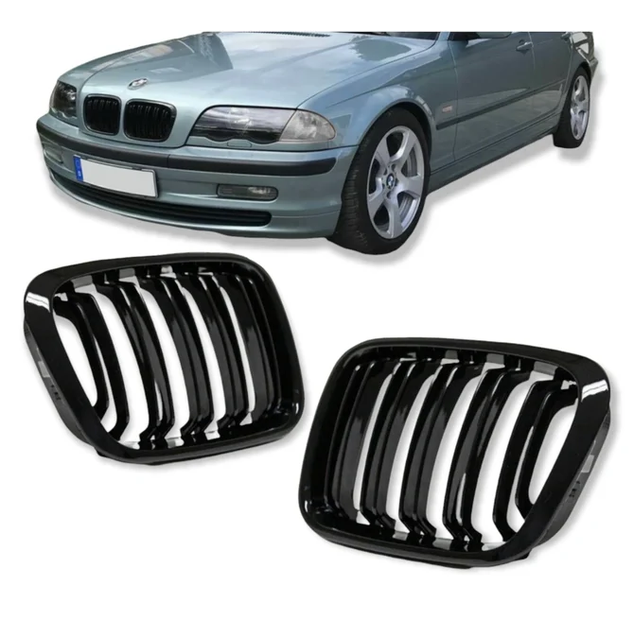 Nieren - BMW E46 Sedan / Touring / Compact - Dubbele Spijlen - Hoogglans Zwart | 98-01