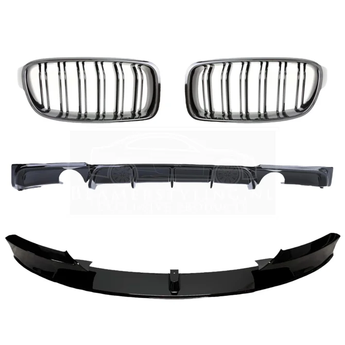 Pakket Deal V8 - BMW F30 / F31 | Diffuser - Front Lip - Nieren | Glanzend Zwart — 1 Uitlaat Links