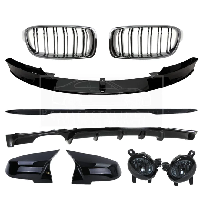 Pakket Deal V2 - BMW F30 | Nieren - Diffuser - Front Lip - Spoiler - Spiegelkappen - Mistlampen | Glanzend Zwart — 335I/340I 1 Uitlaat Links + Rechts