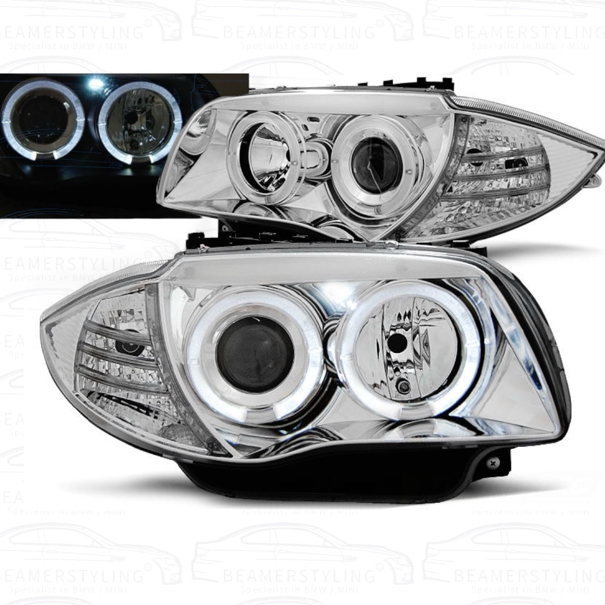 Koplampen H7 - BMW E81 / E87 / E82 / E88 - LED Angel Eyes - Chroom | 04-12 - Beamerstyling.nl