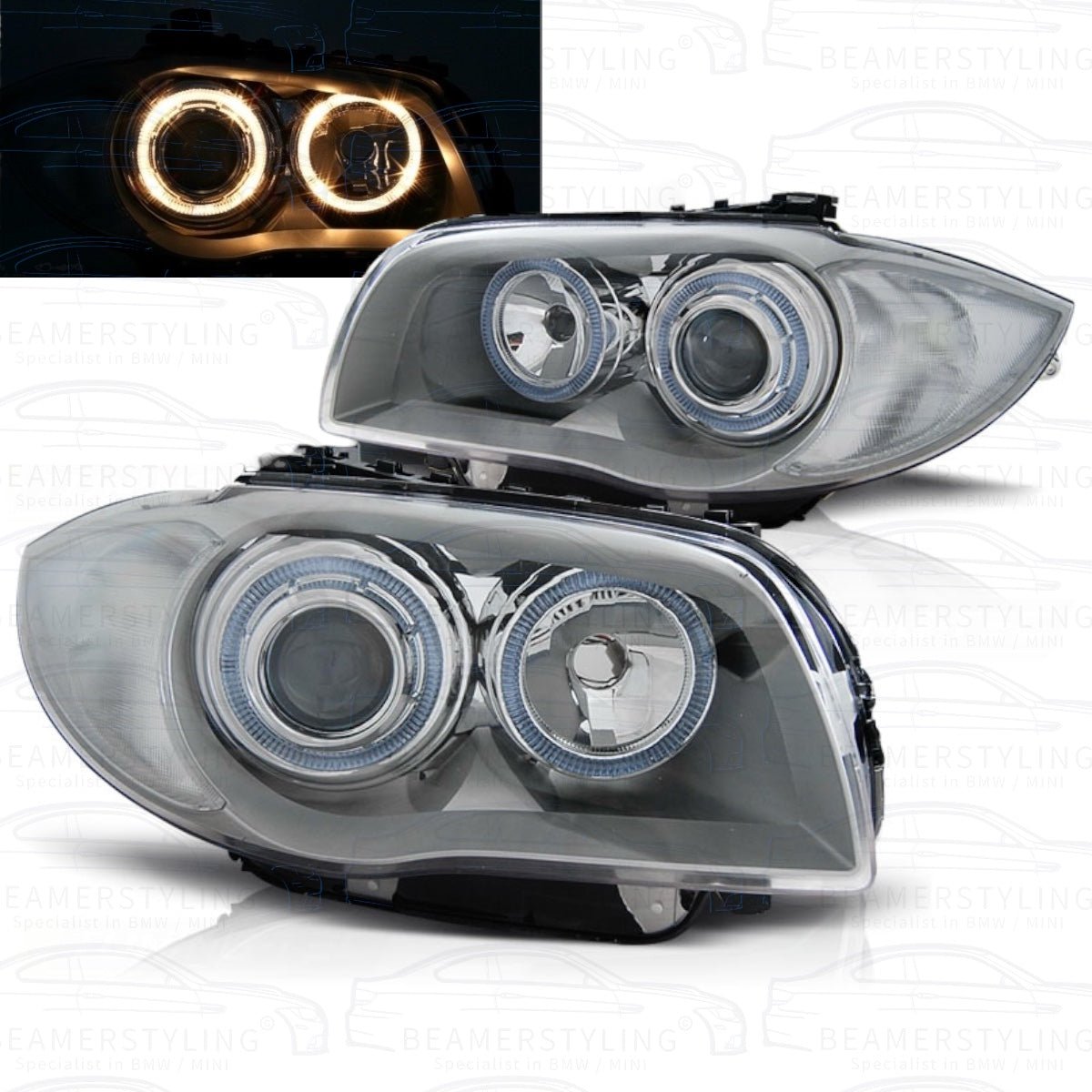 Koplampen Silver - BMW E81 / E87 / E82 / E88 - Halogeen Angel Eyes | 2004-2011 - Beamerstyling.nl