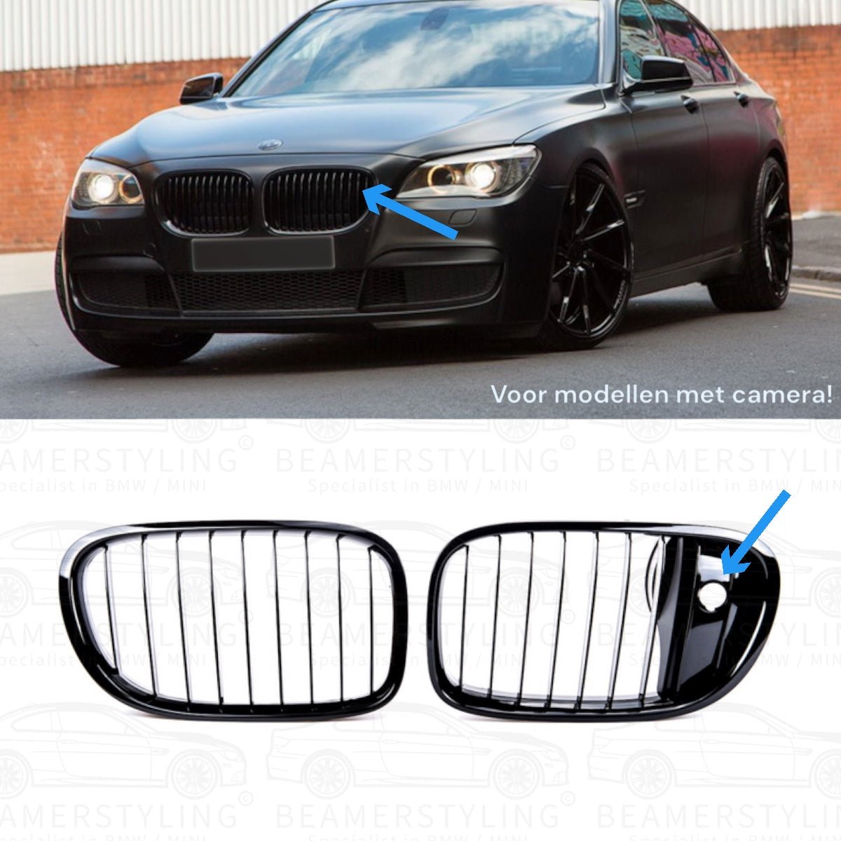Nieren - BMW 7 Serie F01 / F02 LCI - Met Camera - Hoogglans Zwart | 07/2012 - 2015 - Beamerstyling.nl