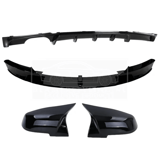 Pakket Deal V1 - BMW F30 / F31 | Diffuser - Front Lip - Spiegelkappen | Glanzend Zwart — 335I/340I 1 Uitlaat Links + Rechts - Beamerstyling.nl