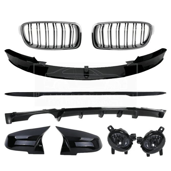 Pakket Deal V2 - BMW F30 | Nieren - Diffuser - Front Lip - Spoiler - Spiegelkappen - Mistlampen | Glanzend Zwart — 1 Uitlaat Links - Beamerstyling.nl