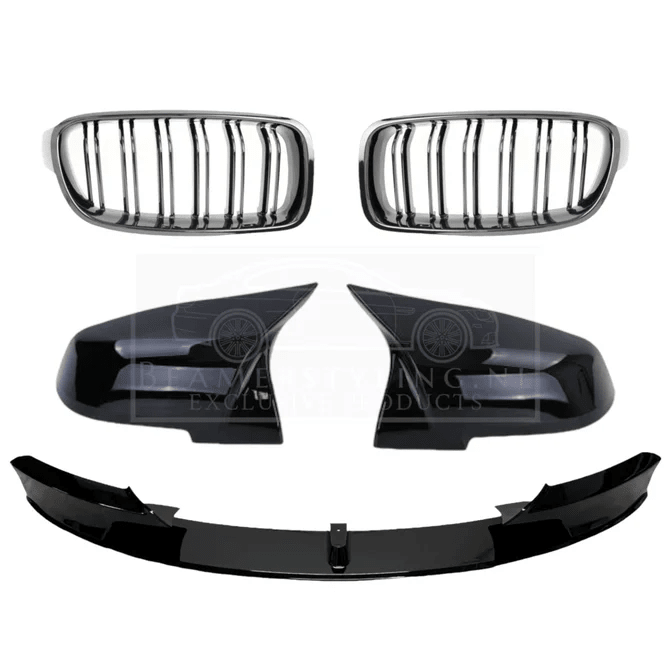 Pakket Deal V5 - BMW F30 / F31 | Front Lip - Nieren - Spiegelkappen | Glanzend Zwart - Beamerstyling.nl