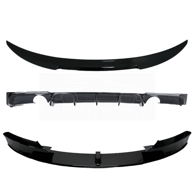 Pakket Deal V7 - BMW F30 | Front Lip - Diffuser - M4 Spoiler | Glanzend Zwart — 1 Uitlaat Links - Beamerstyling.nl