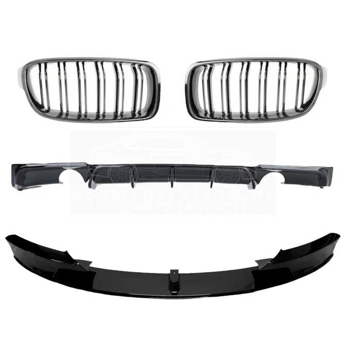 Pakket Deal V8 - BMW F30 / F31 | Diffuser - Front Lip - Nieren | Glanzend Zwart — 1 Uitlaat Links - Beamerstyling.nl