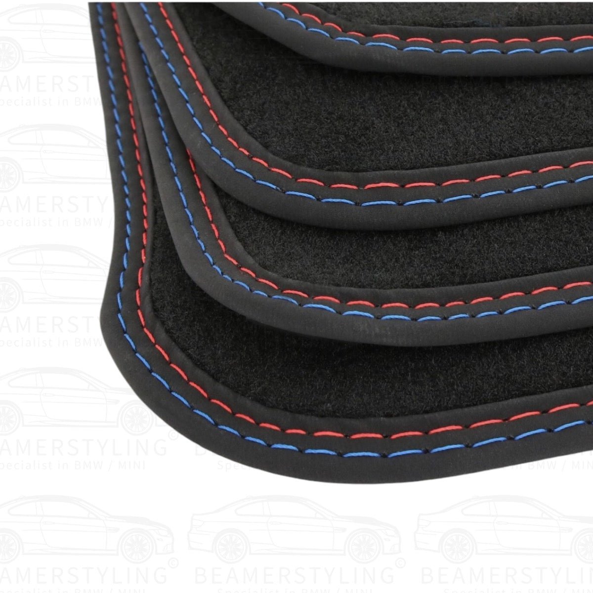 Premium Vloermatten - BMW 5 Serie E60 / E61 - Blauw/Rode Stiksels - Velours | 2003 - 2010 - Beamerstyling.nl